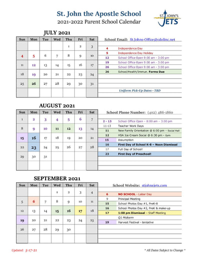 2021-2022 Parent School Calendar